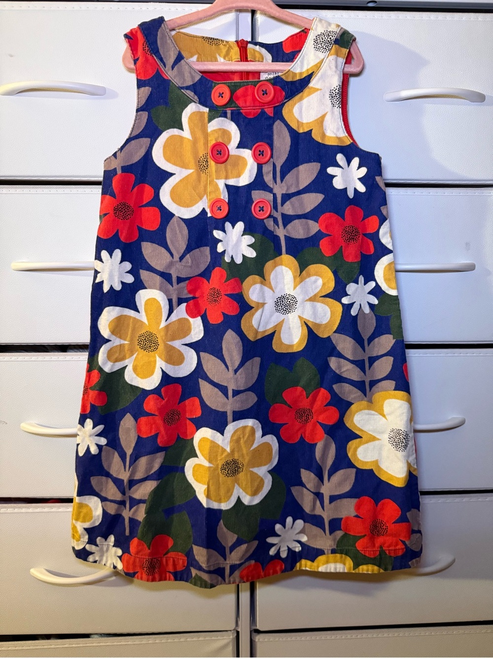 Mini Boden Girls Size 7-8 Retro Floral Corduroy Pinnie Pinafore Jumper Dress EUC